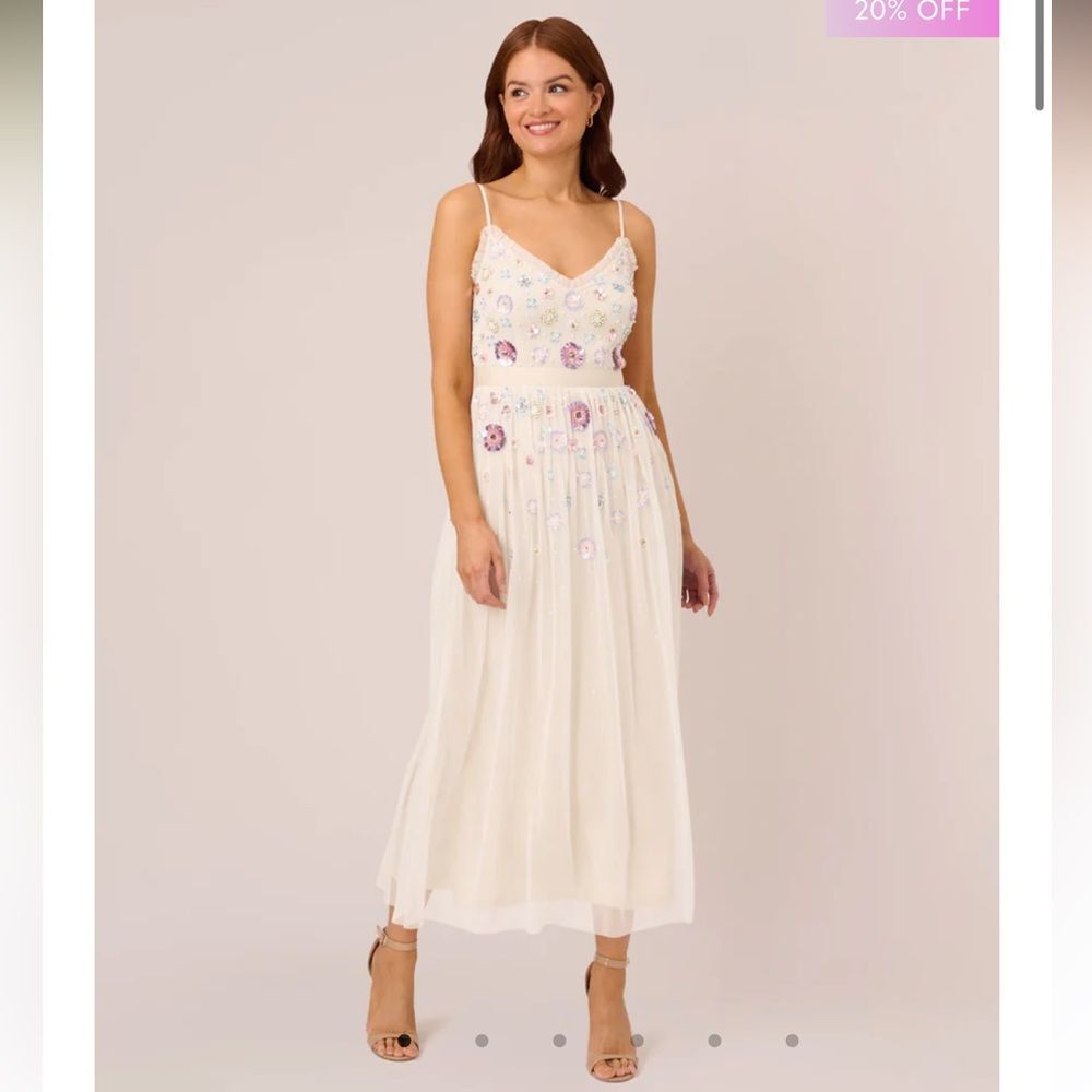 Adrianna Papell Ankle Length Floral Beaded Tulle Gown in Ivory Multi, 14, NWT